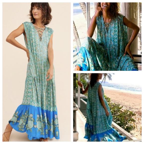 FREE PEOPLE Hanalei Bay Maxi Dress Medium Blue Floral Oversized Lace Boho Beachy - Picture 1 of 14